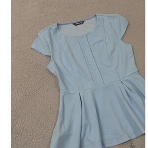 NEW Allegra K Blouse Top Womens M Blue‎ Cap Sleeve Peplum Pleated Office Casual